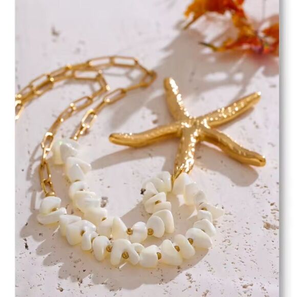 Gold Starfish & Natural Shell Necklace – Coastal Chic Statement Piece - Picture 3 of 12